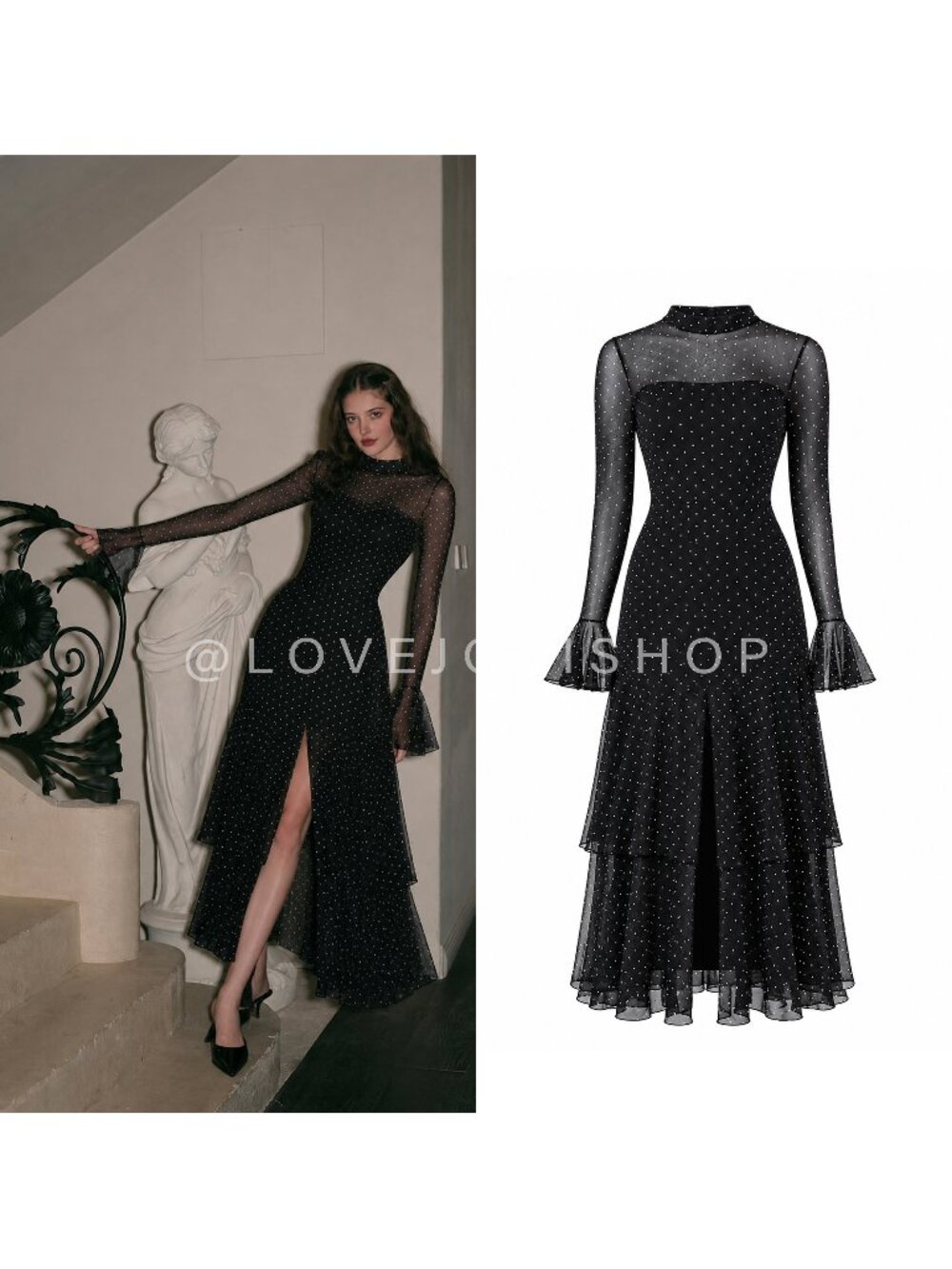 Whimsigoth | Goth Dark Maxi Dress Black Sheer Polka Dot Mock Neck Ruffle | Fairy